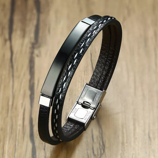 Ommani Black PU Leather Bracelets with Stainless Steel Plate and Magnetic Claps