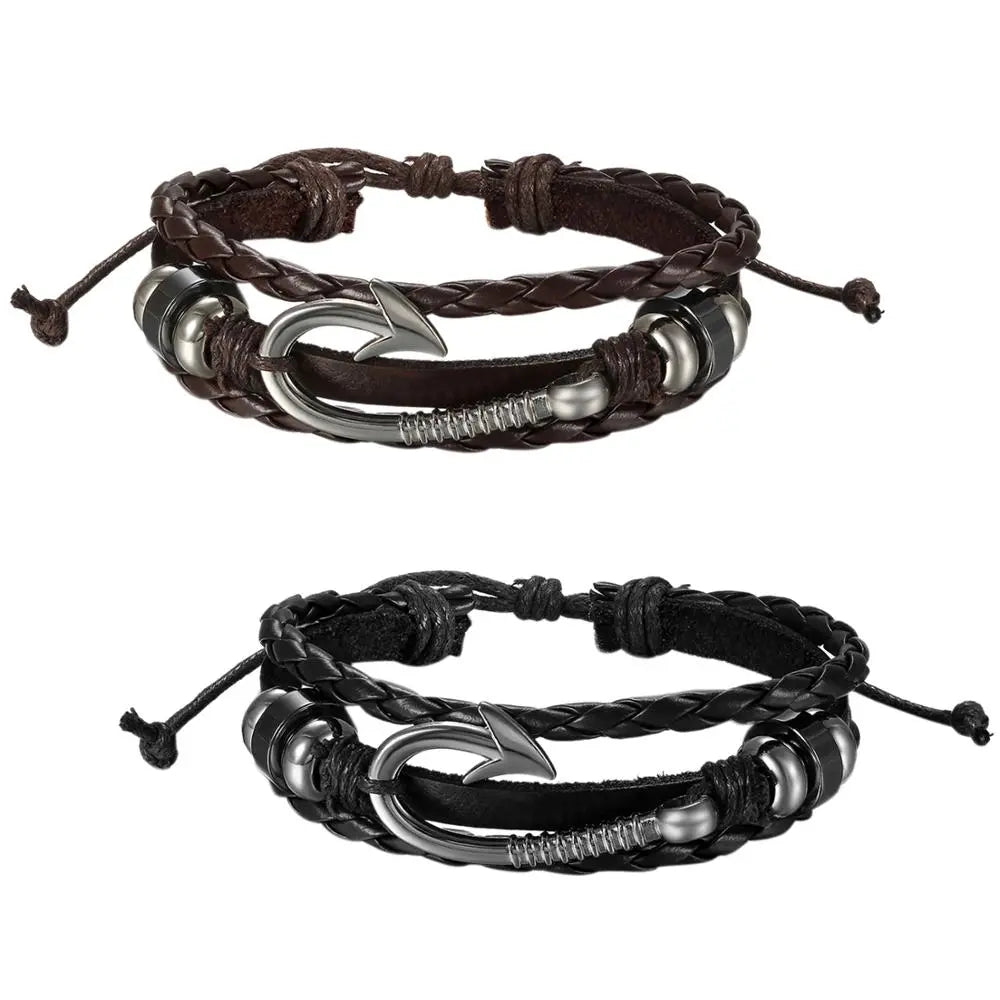 Ommani Braided bracelets Genuine Leather Bracelets with  Fish Hook For Men and Women Jewelry gift for Fisherman or who like Fishing