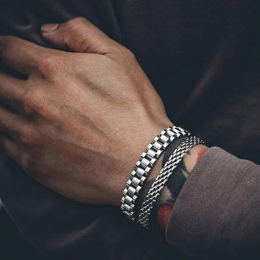 WatchBand Style Solid Stainless Steel Bracelet for Men Link Chain Brackelts Brazalet Male Jewelry Tone