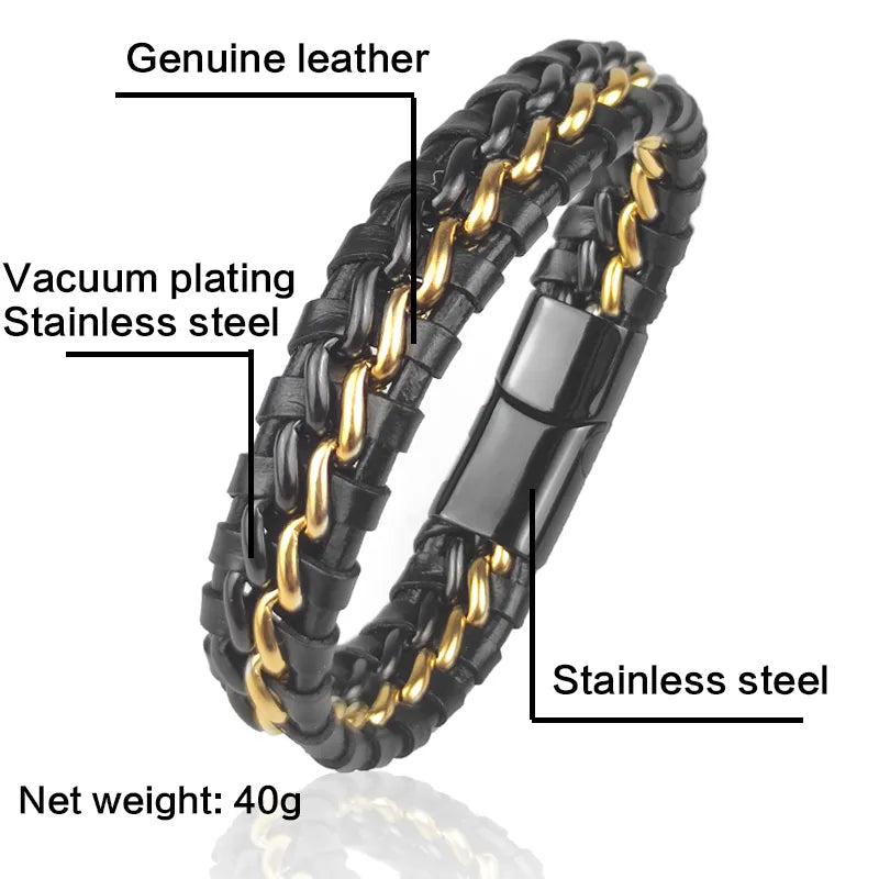 Ommani Genuine Leather Chain Bracelet for Men with Vacuum Plating Stainless Steel with Double safety clasps
