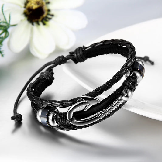 Ommani Braided bracelets Genuine Leather Bracelets with  Fish Hook For Men and Women Jewelry gift for Fisherman or who like Fishing