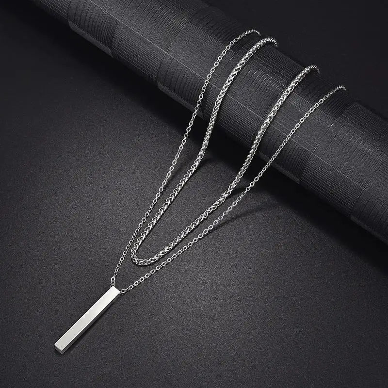 Ommani 3D Vertical Bar Necklaces for Men Two Layer Stainless Steel Geometric Fashion Necklace