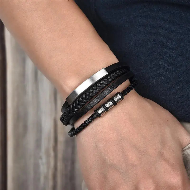 Ommani Black Leather Bracelets with Stainless Steel Plate and Magnetic Clasp