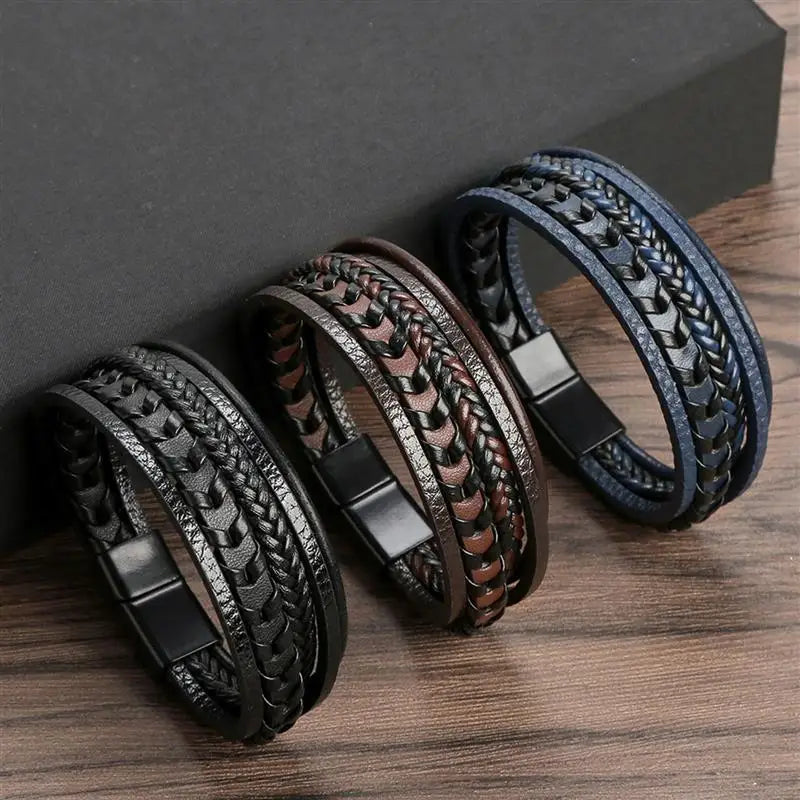 Ommani Black Leather Bracelet for Men with Stainless Steel Magnetic Clasp