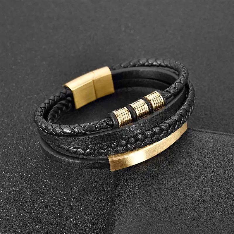 Ommani Black Leather Bracelets with Stainless Steel Plate and Magnetic Clasp