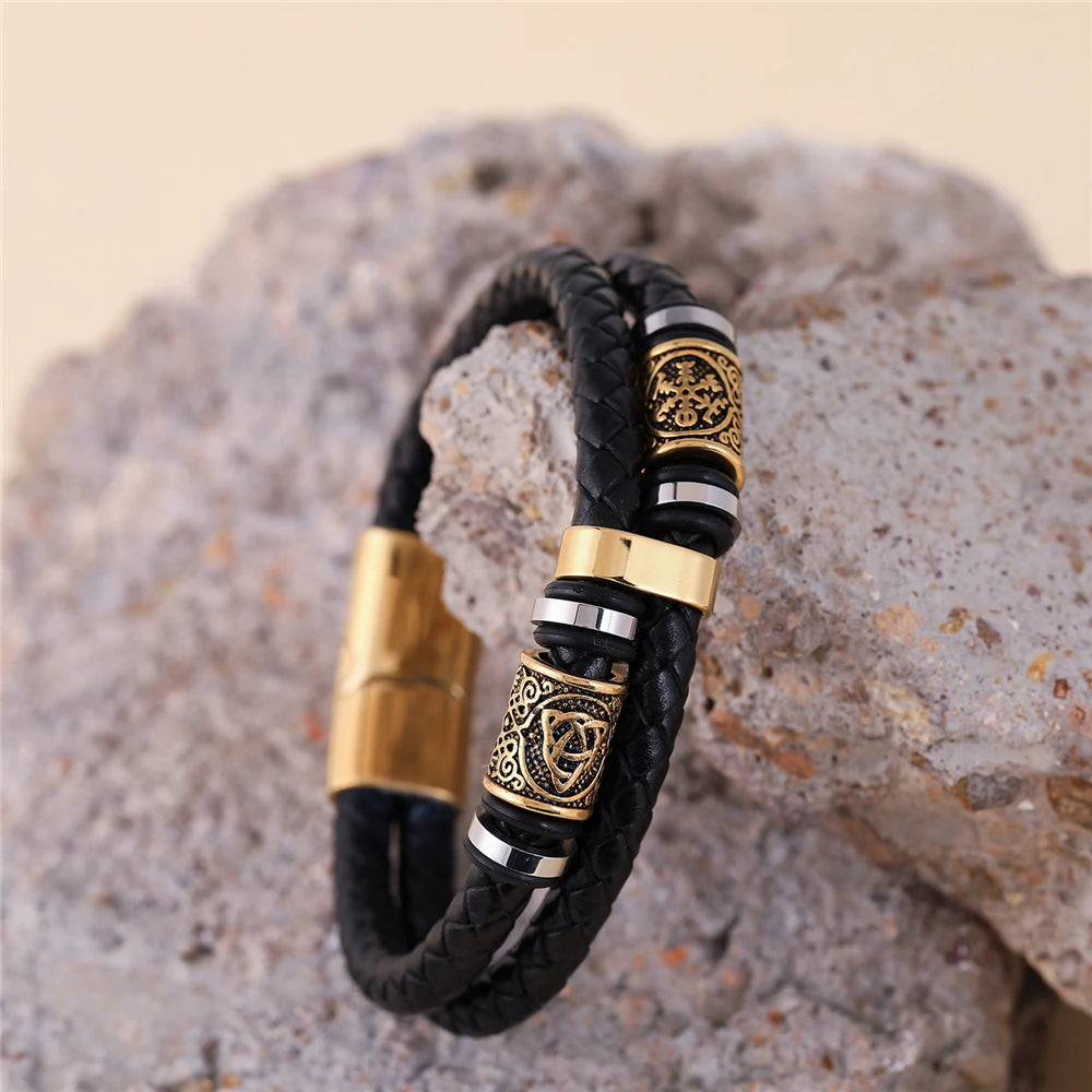 Ommani Braided  Bracelet For Men Vikings Style Genuine Leather Bracelet With Stainless Steel Gold and Silver Color