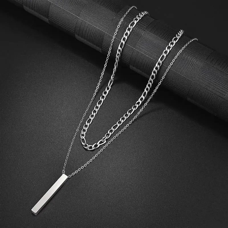 Ommani 3D Vertical Bar Necklaces for Men Two Layer Stainless Steel Geometric Fashion Necklace