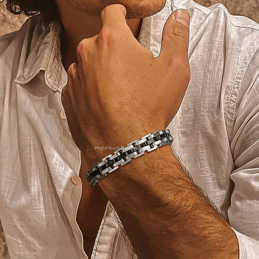 Ommani Men's Stainless Steel Two-tone Curb Chain Bangle Bracelet gift for men's