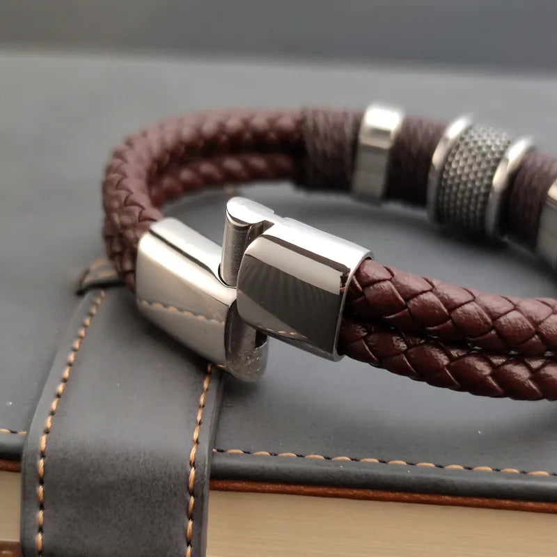 Ommani Braided Bracelet Multilayer Brown Genuine Leather with Stainless Steel men's jewelry