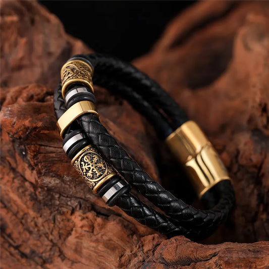 Ommani Braided  Bracelet For Men Vikings Style Genuine Leather Bracelet With Stainless Steel Gold and Silver Color
