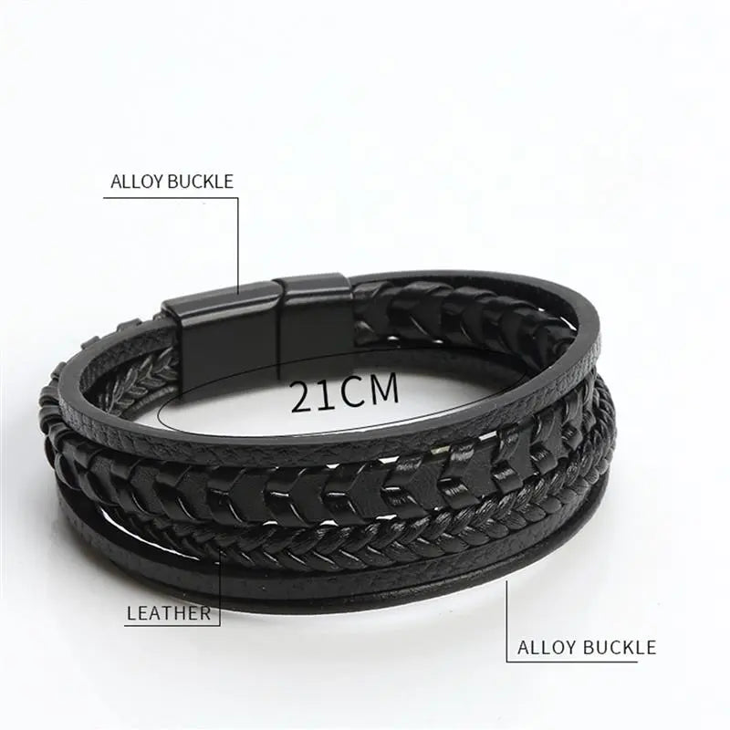 Ommani Black Leather Bracelet for Men with Stainless Steel Magnetic Clasp